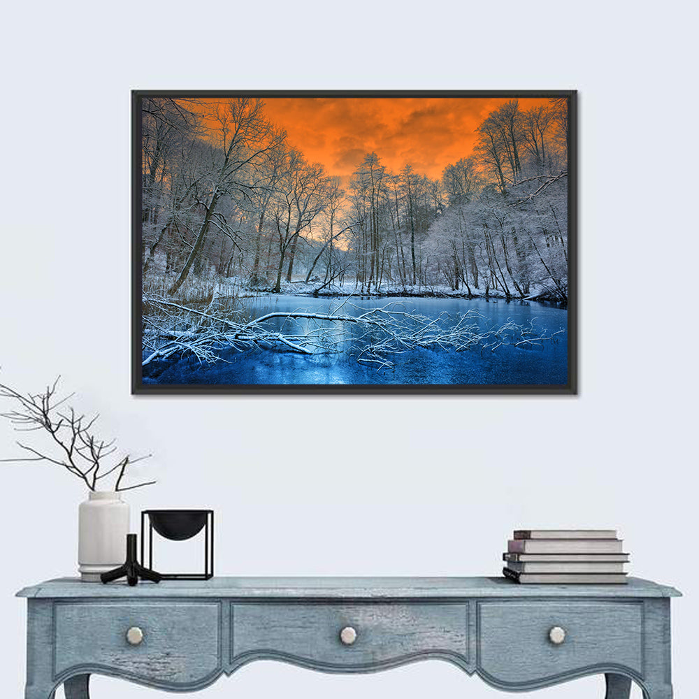 Sunset Over Winter Forest Lake Wall Art in a room, landscape