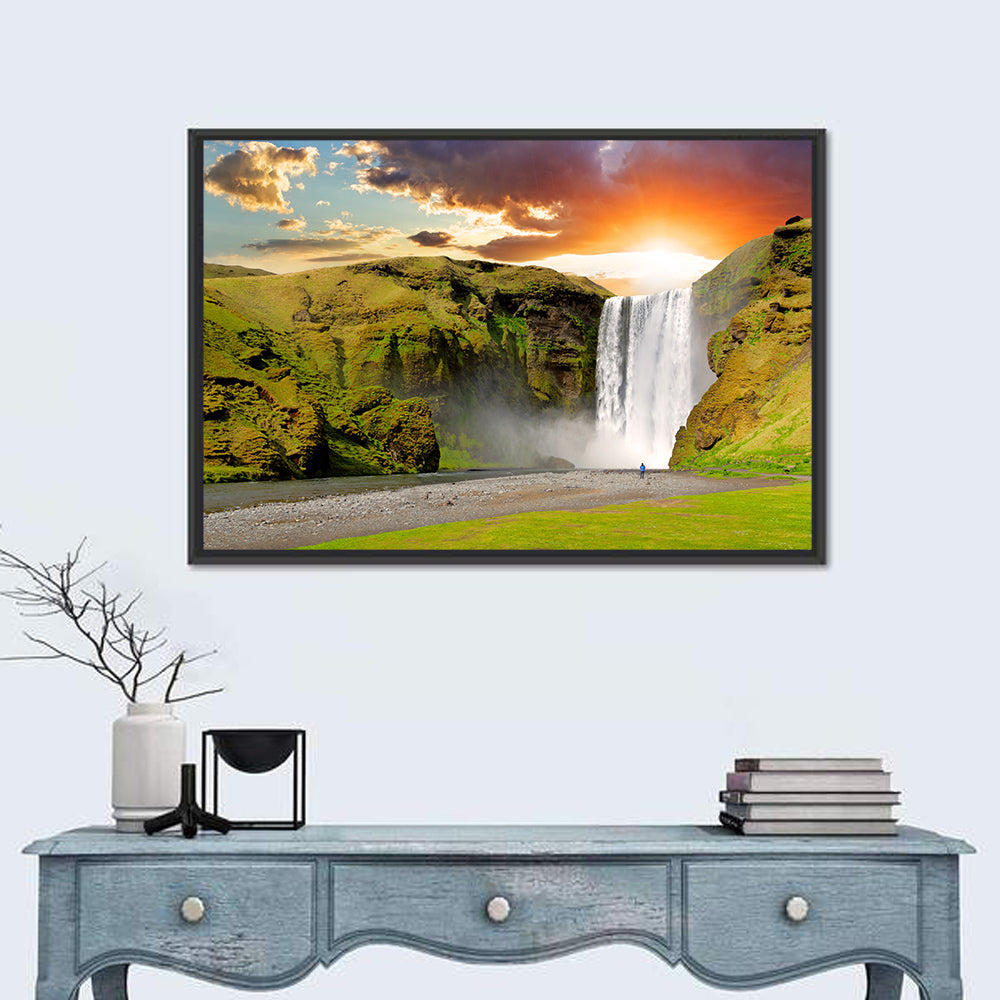 Skógafoss at Sunset Wall Art in a room, landscape
