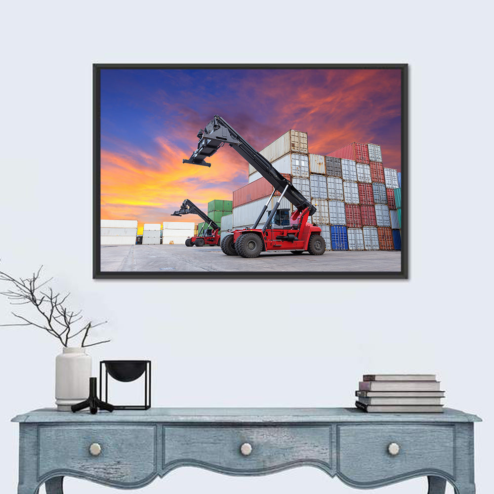 Red Reach Stackers at Sunset Wall Art in a room, landscape