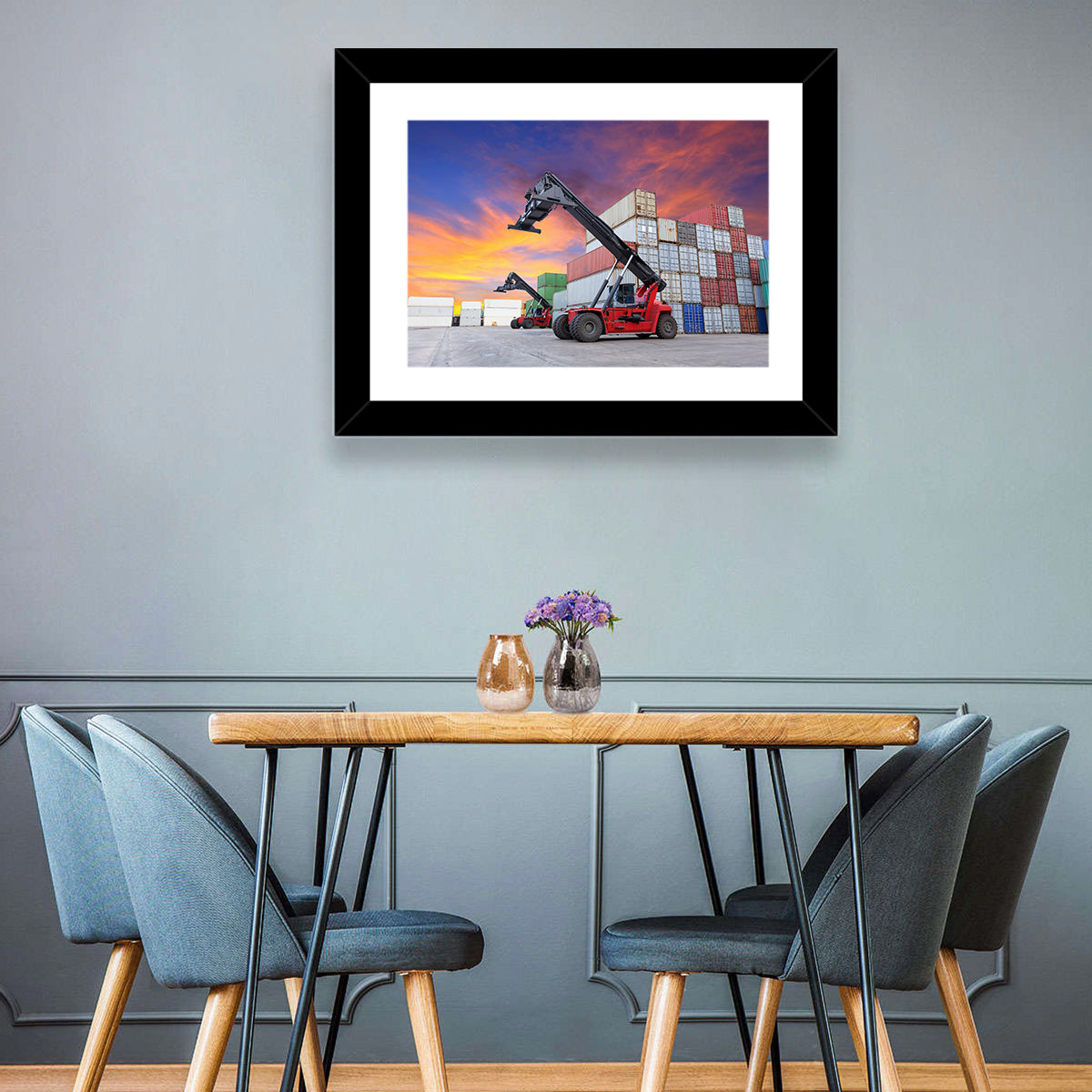 Red Reach Stackers at Sunset Wall Art