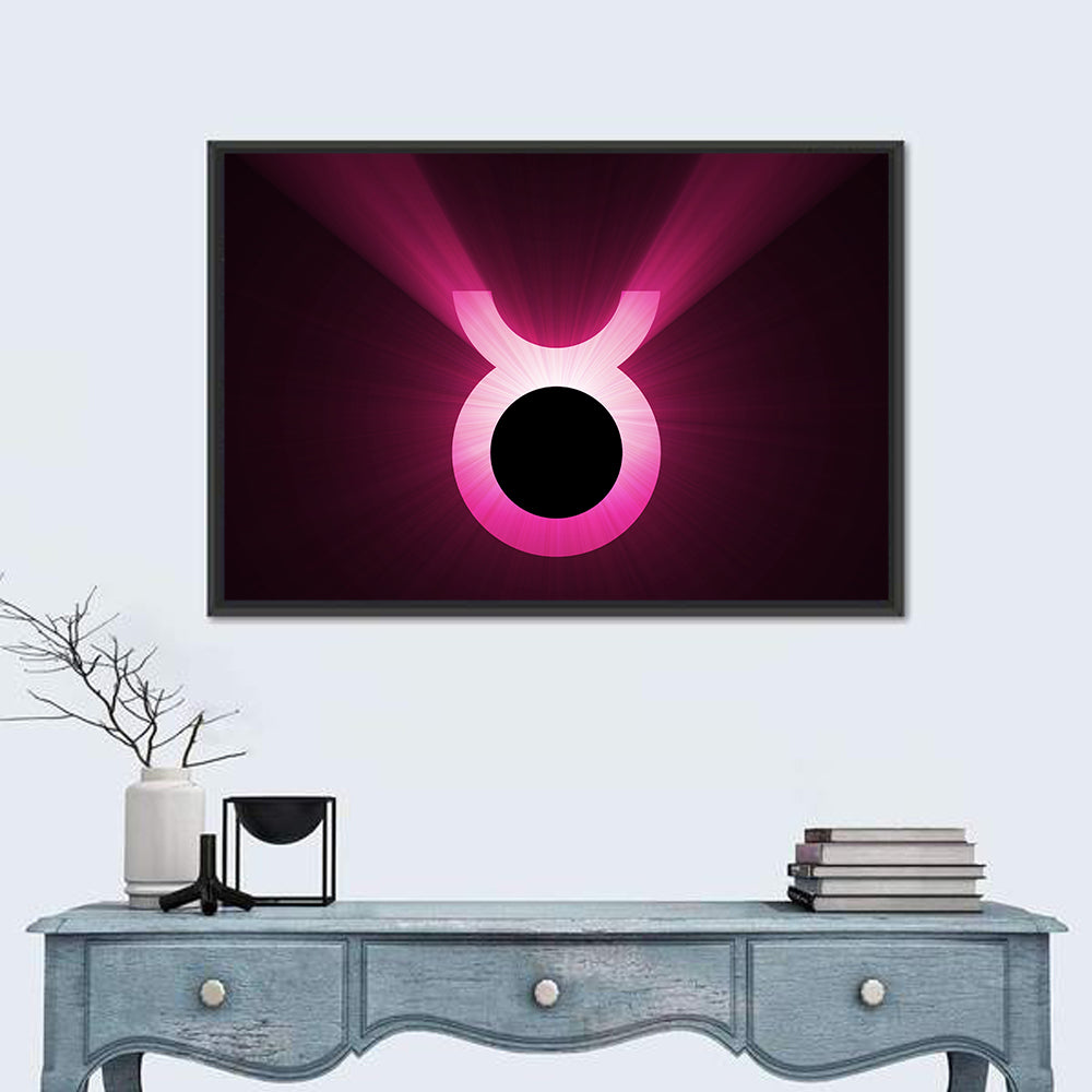 Glowing Pink Taurus Symbol Wall Art in a room, landscape