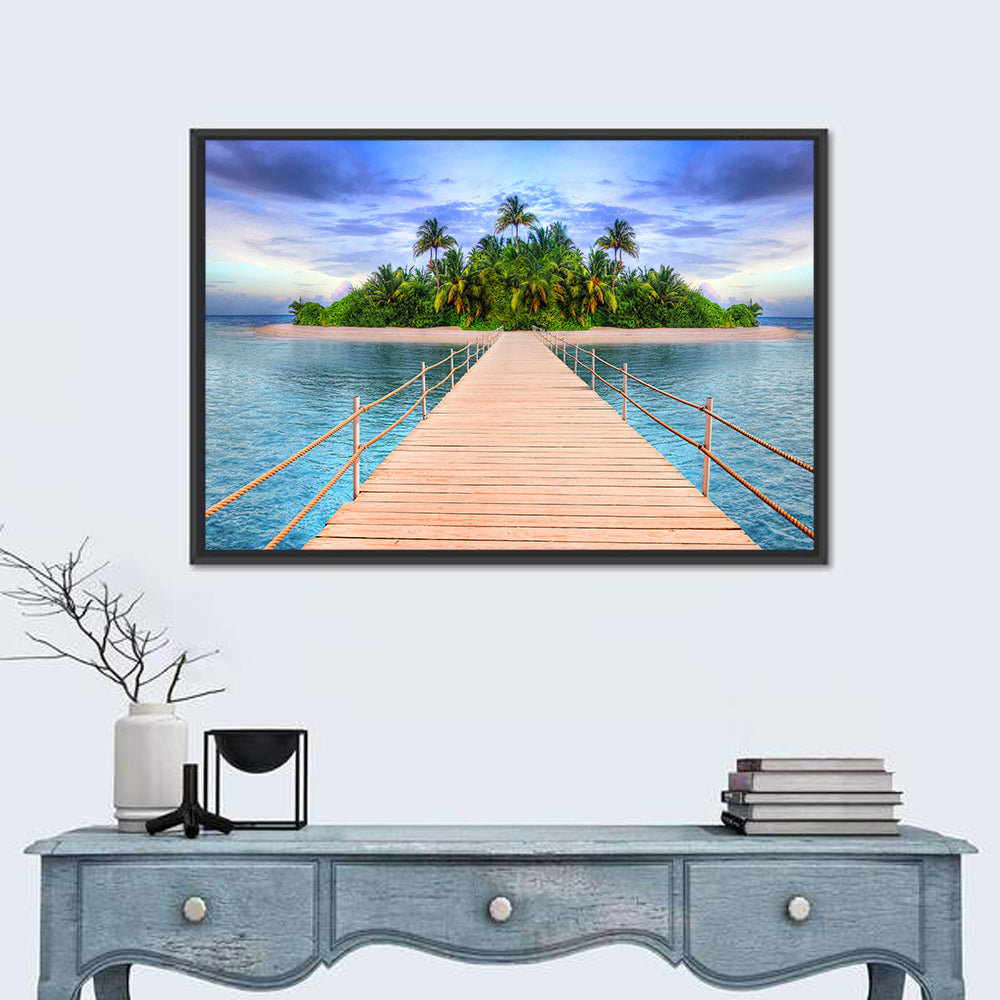 Tropical Island Pier Perspective Wall Art in a room, landscape