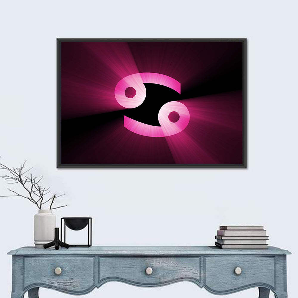 Glowing Pink Cancer Symbol Wall Art in a room, landscape