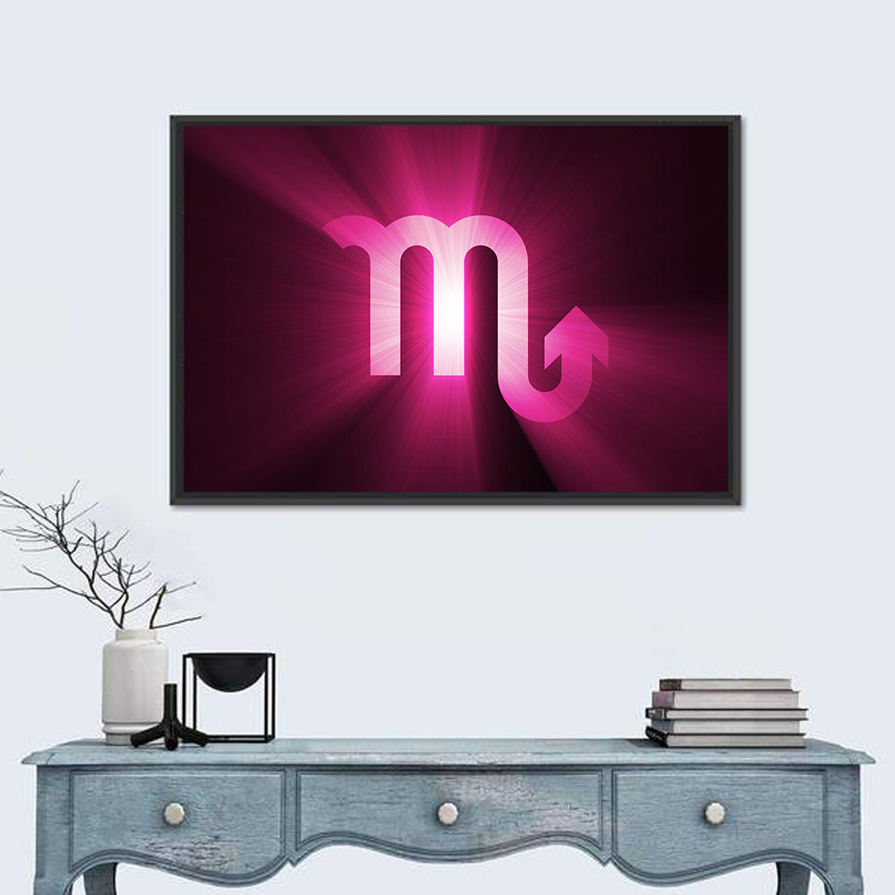 Scorpio Glyph with Magenta Burst Wall Art in a room, landscape