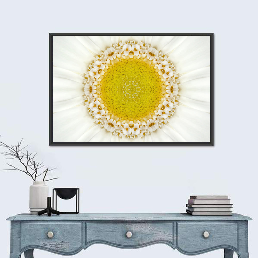White Flower Mandala Kaleidoscope Wall Art in a room, landscape