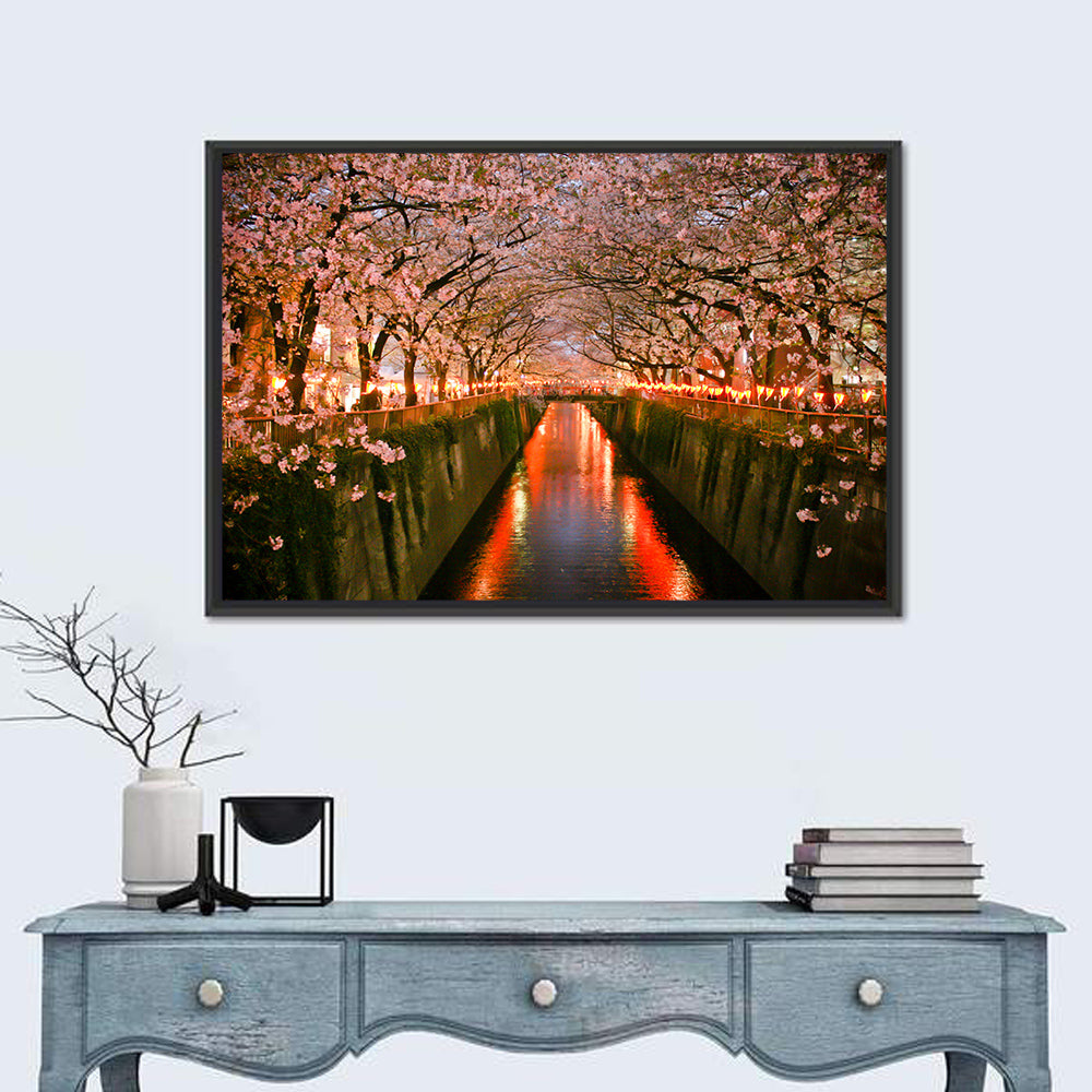 Meguro River Cherry Blossoms Wall Art in a room, landscape