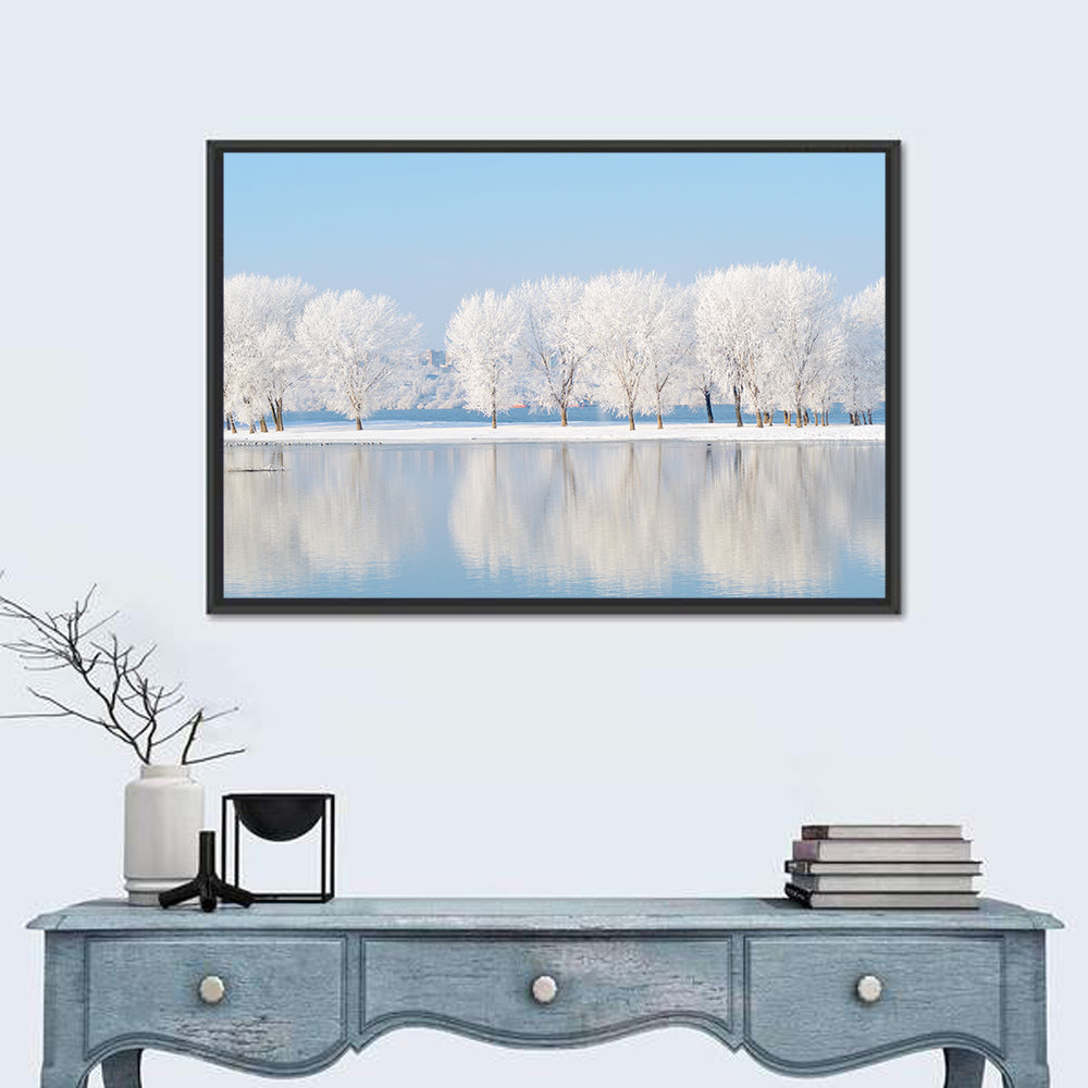 Frosted Winter Trees Reflected on a Quiet Lake Wall Art