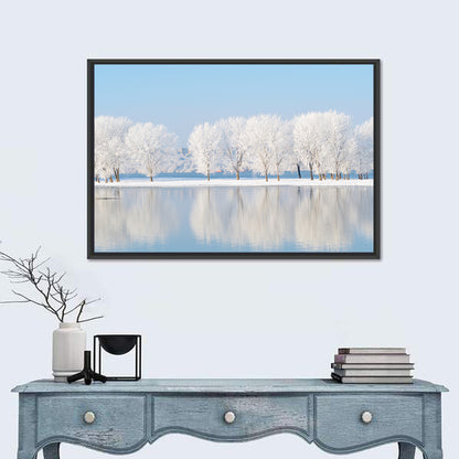Frosted Winter Trees Reflected on a Quiet Lake Wall Art