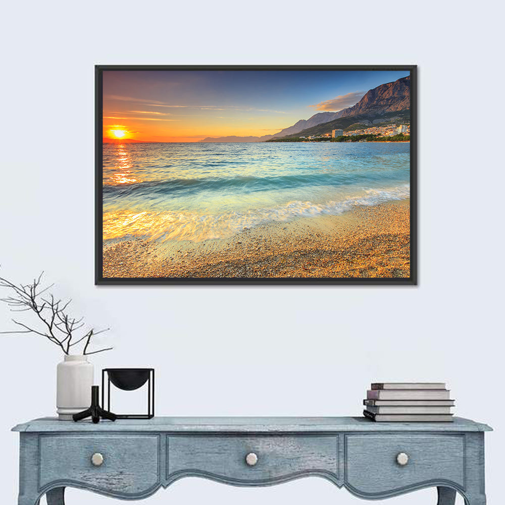 Makarska Pebble Beach Sunset Wall Art in a room, landscape