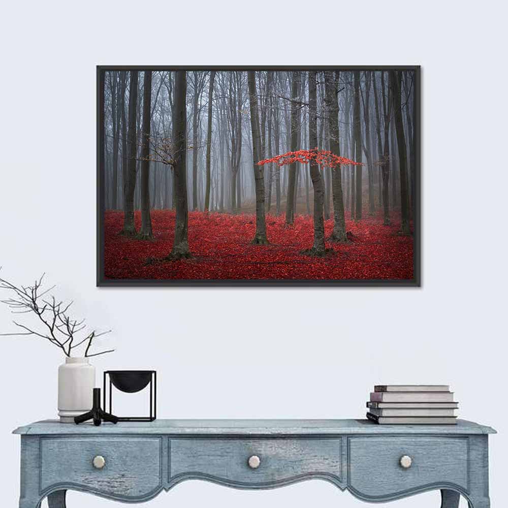 Red Foggy Autumn Forest Wall Art in a room, landscape