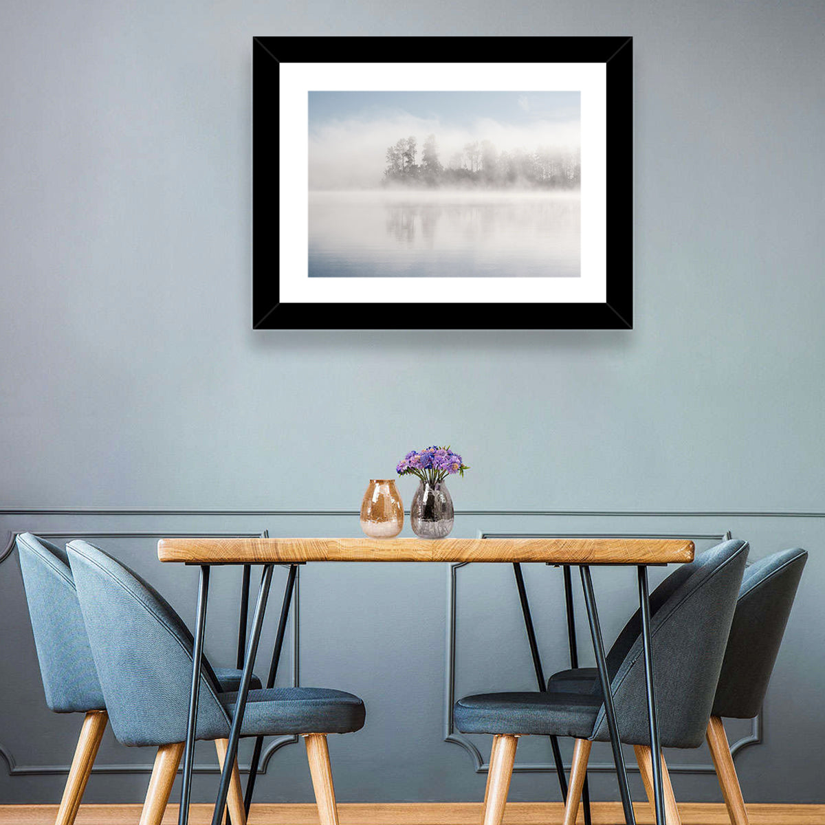 Misty Forest Lake Wall Art in a room, landscape