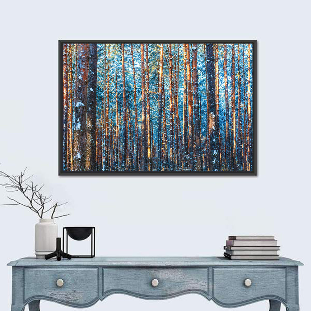 Golden Hour Winter Pine Forest Wall Art in a room, landscape