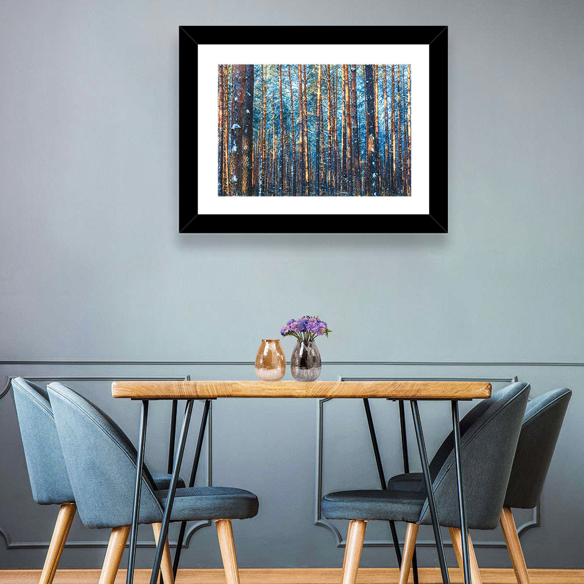 Golden Hour Winter Pine Forest Wall Art in a room, landscape