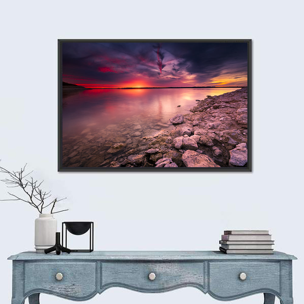 Benbrook Lake Sunset Reflection Wall Art in a room, landscape