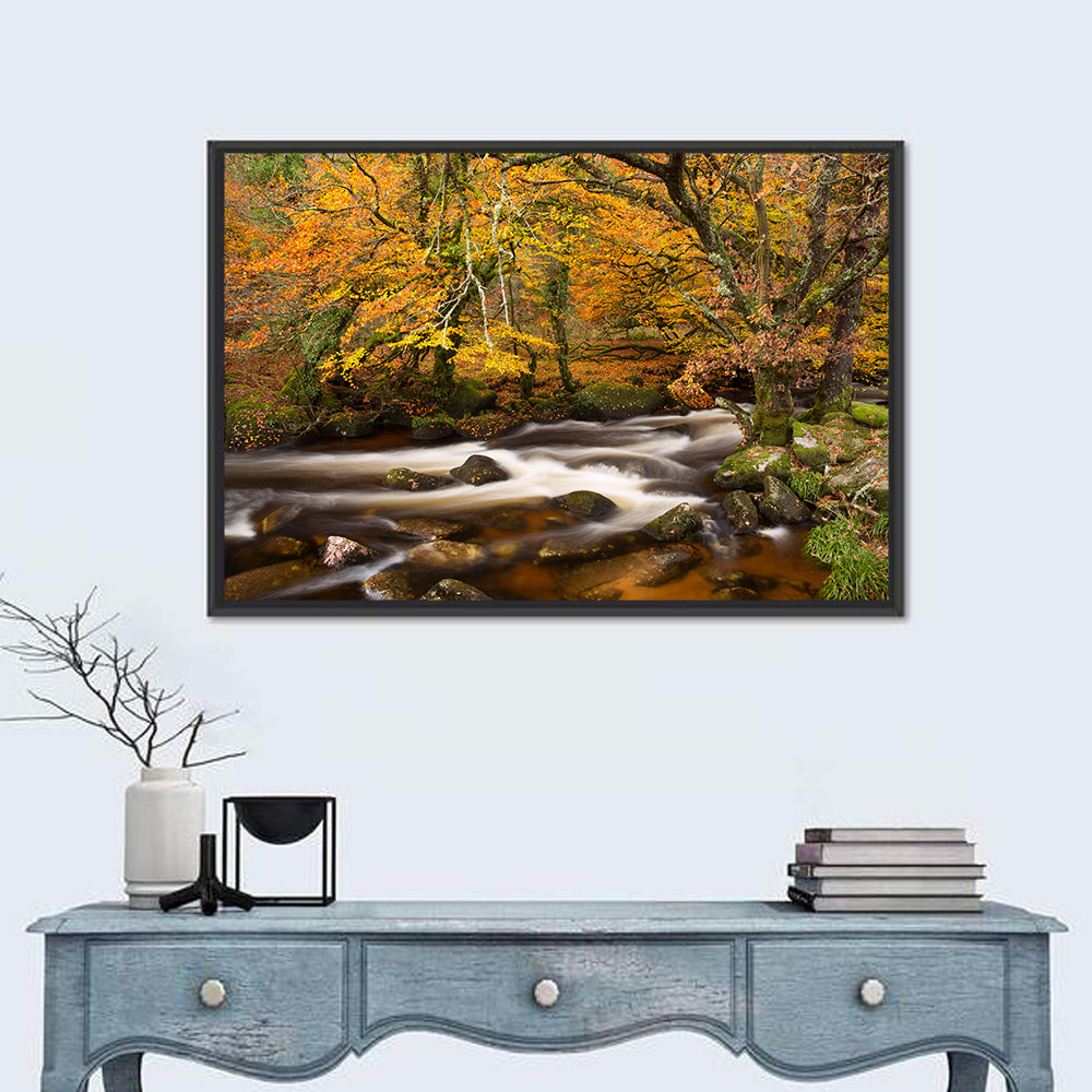Dartmoor Autumn River in Golden Forest Wall Art in a room, landscape