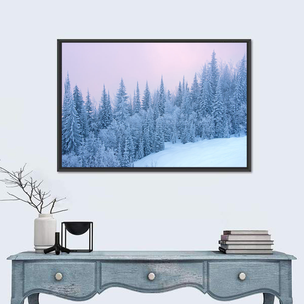 Snowy Winter Forest Wall Art in a room, landscape