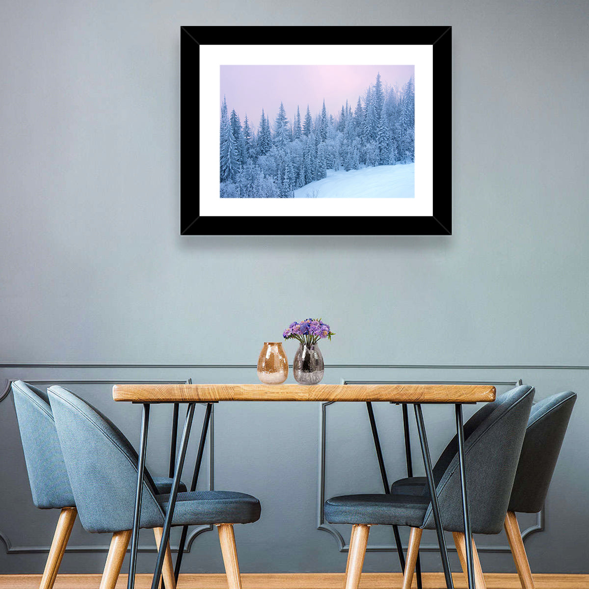 Snowy Winter Forest Wall Art in a room, landscape
