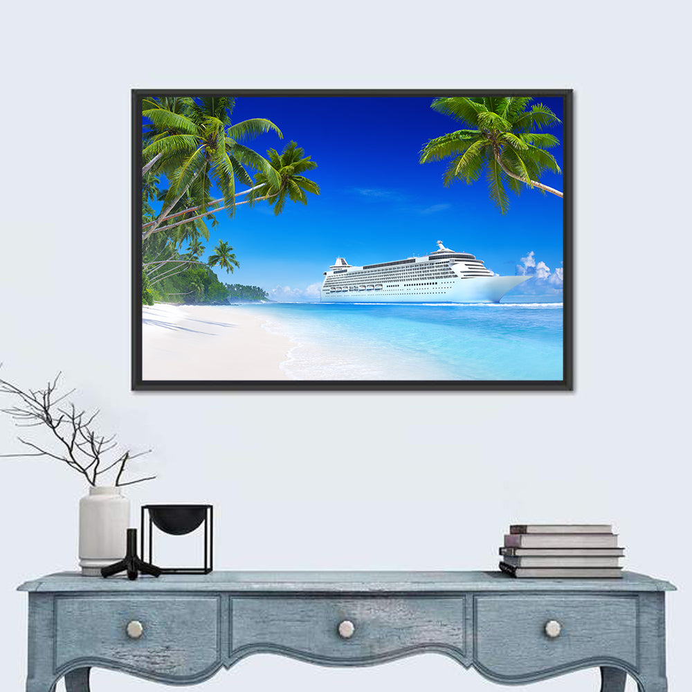 Tropical Beach Cruise Ship Shoreline Wall Art in a room, landscape