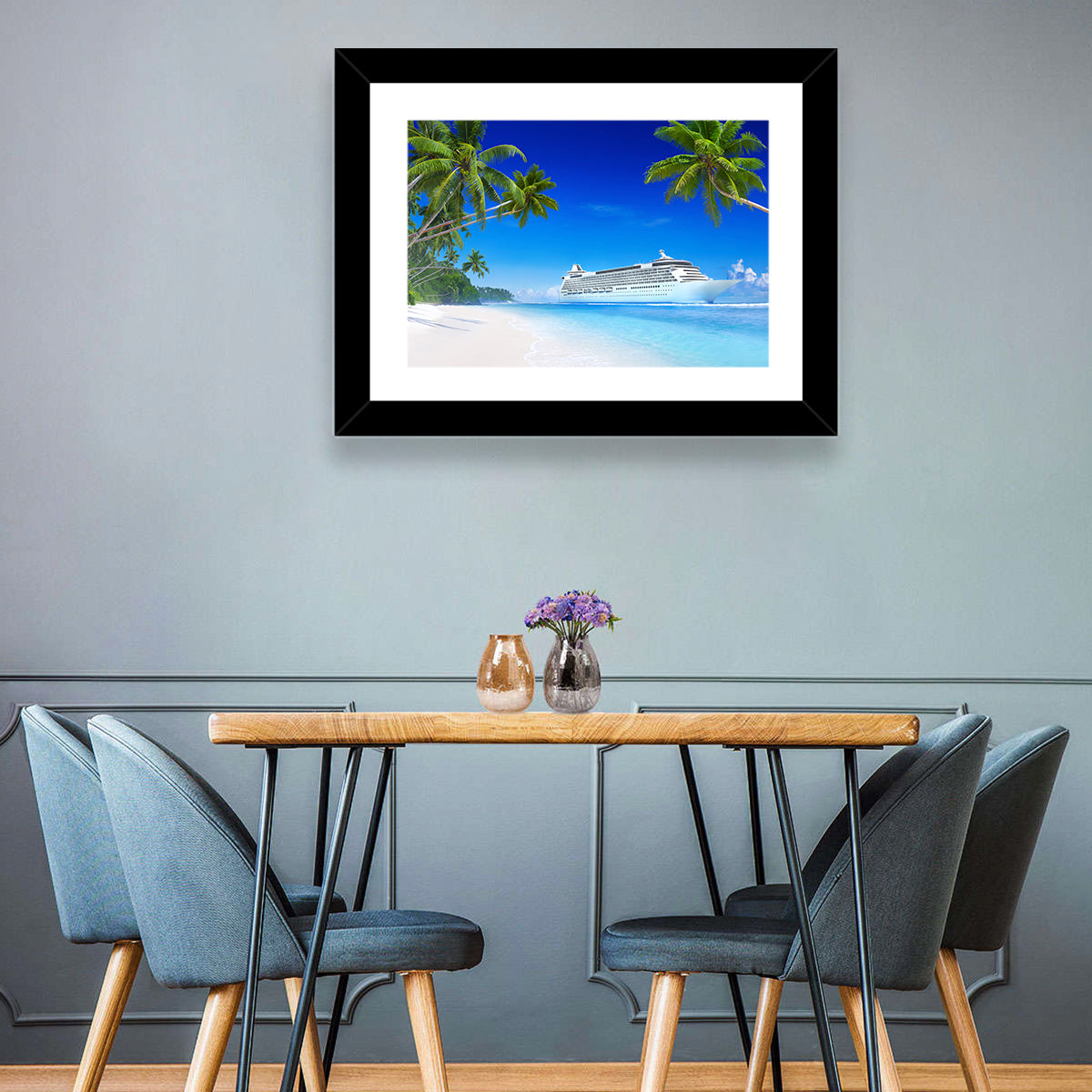 Tropical Beach Cruise Ship Shoreline Wall Art in a room, landscape