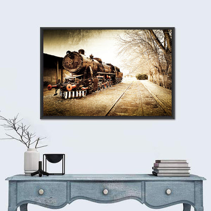 Sepia Steam Locomotive on Rusted Tracks Wall Art