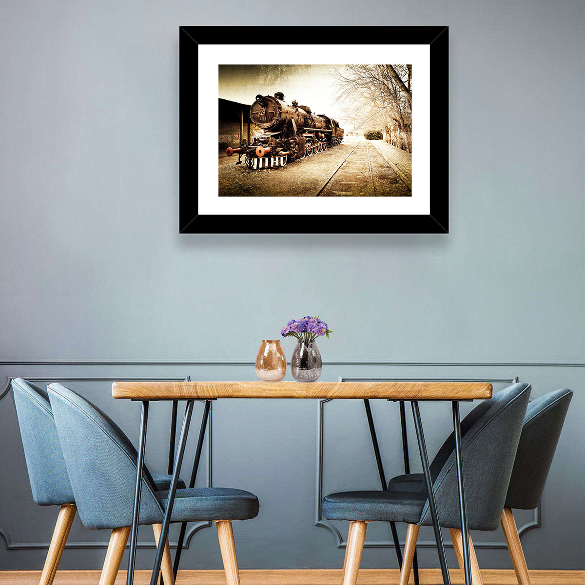 Sepia Steam Locomotive on Rusted Tracks Wall Art