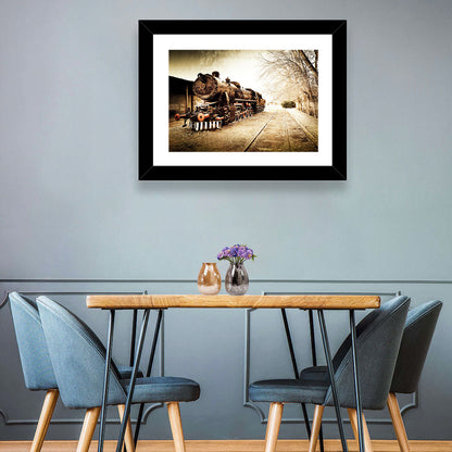 Sepia Steam Locomotive on Rusted Tracks Wall Art