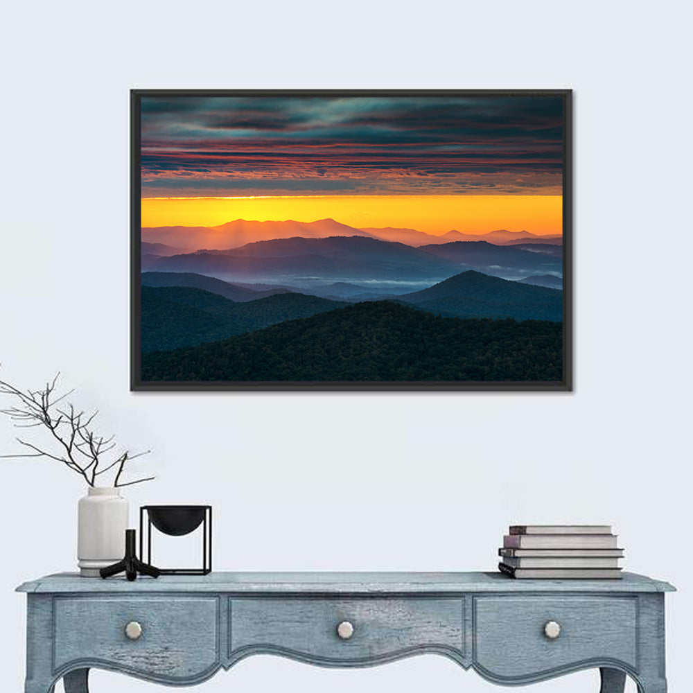 Misty Blue Ridge Sunrise North Carolina Wall Art in a room, landscape