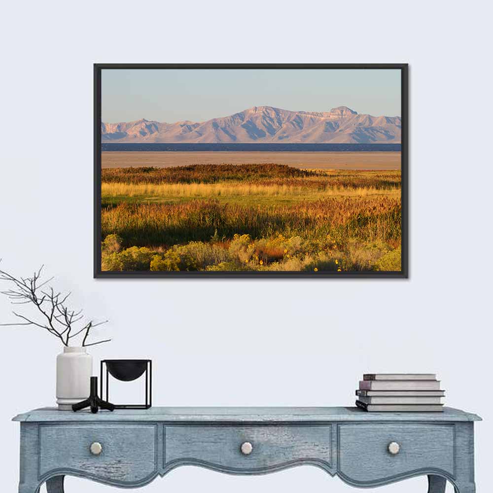 Antelope Island and Wasatch Mountains Wall Art in a room, landscape