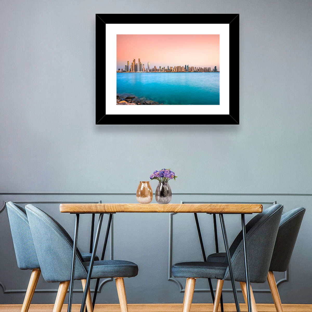 Dubai Marina Skyline Wall Art in a room, landscape
