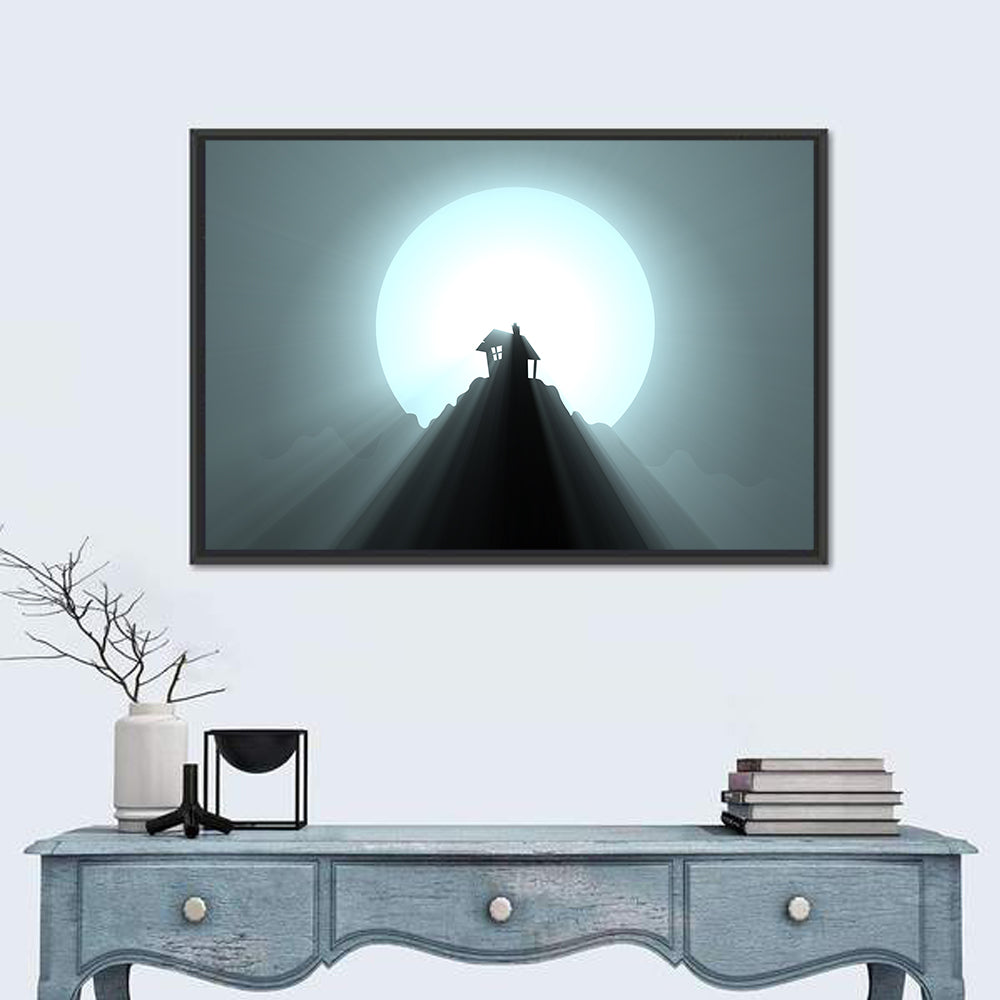 Moonlit Mountain Hut Wall Art in a room, landscape