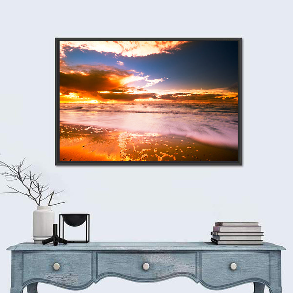 Golden Hour Beach Sunset Wall Art in a room, landscape
