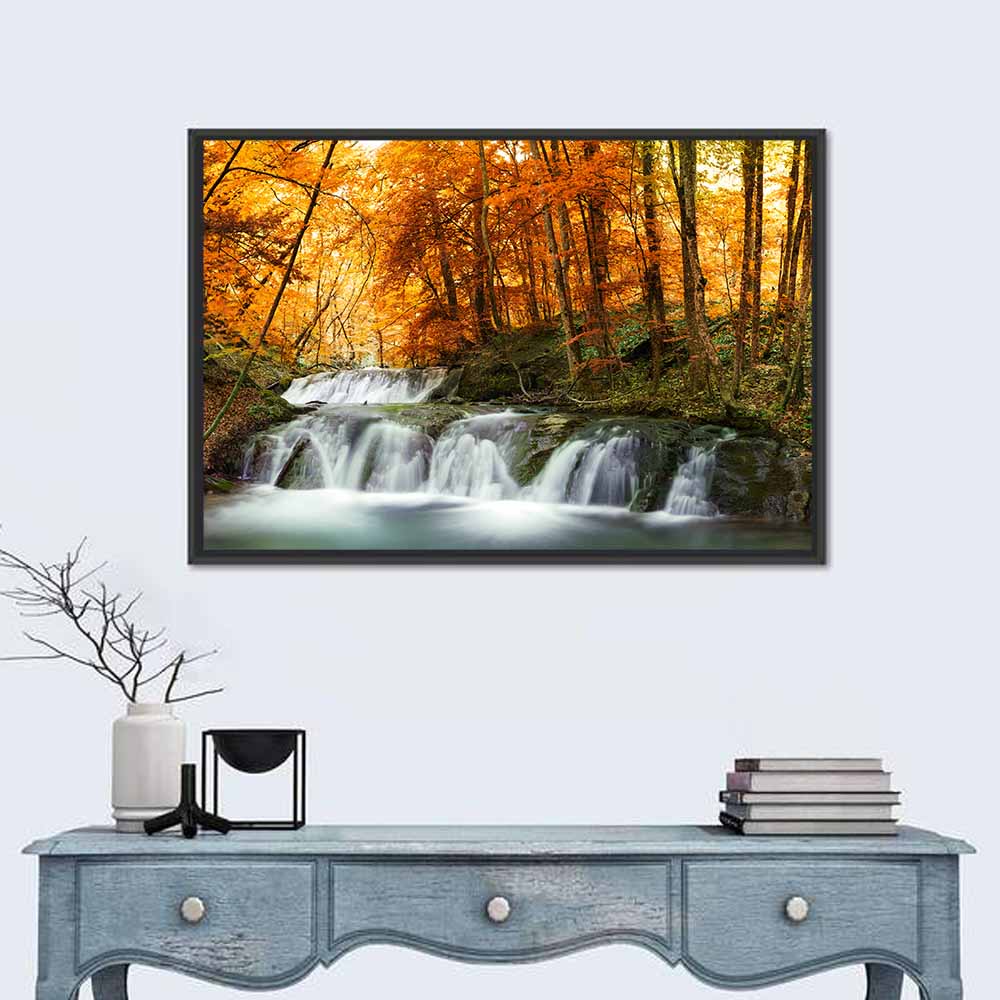 Autumn Forest Waterfall Wall Art in a room, landscape