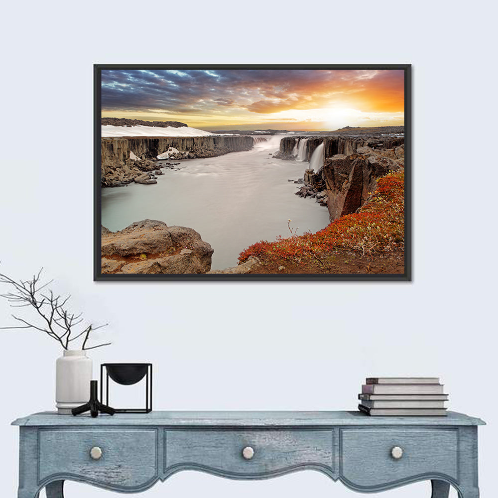 Selfoss Waterfall at Sunset Wall Art in a room, landscape