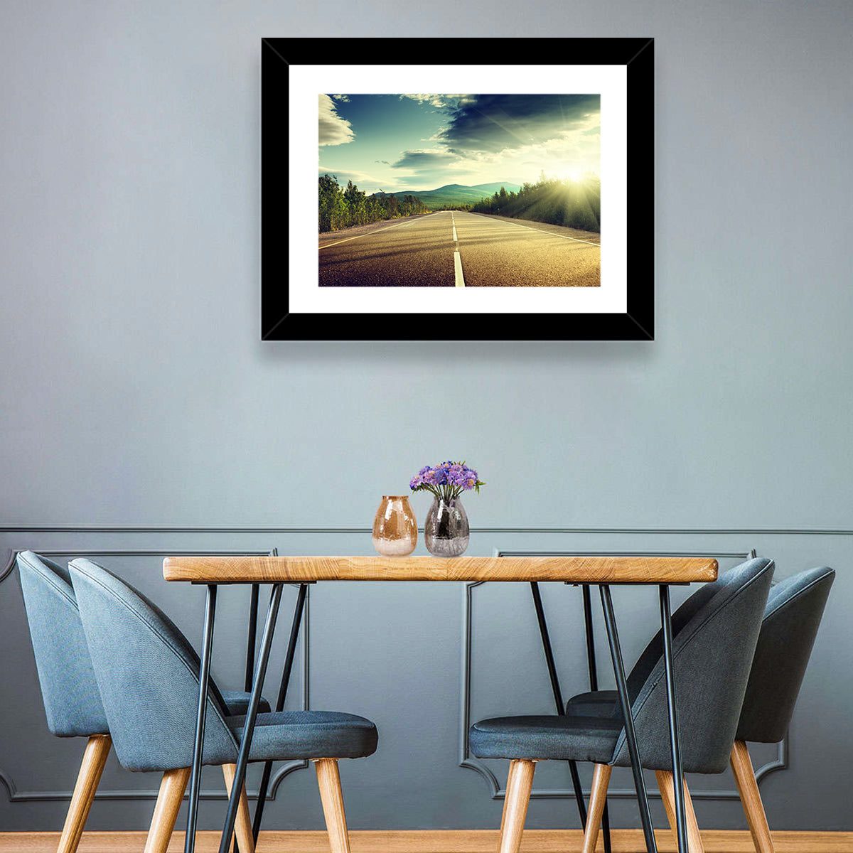 Sunlit Asphalt Road Wall Art in a room, landscape