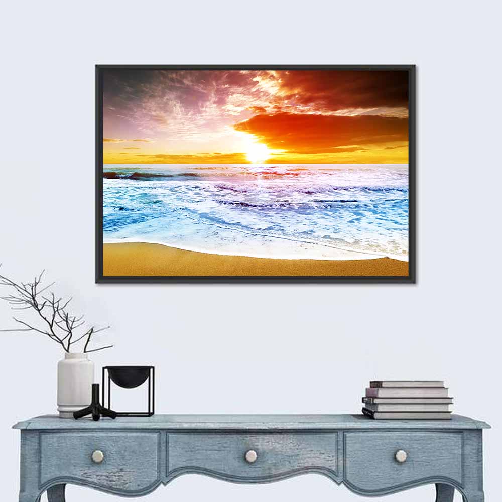 Golden Beach Sunset Wall Art in a room, landscape