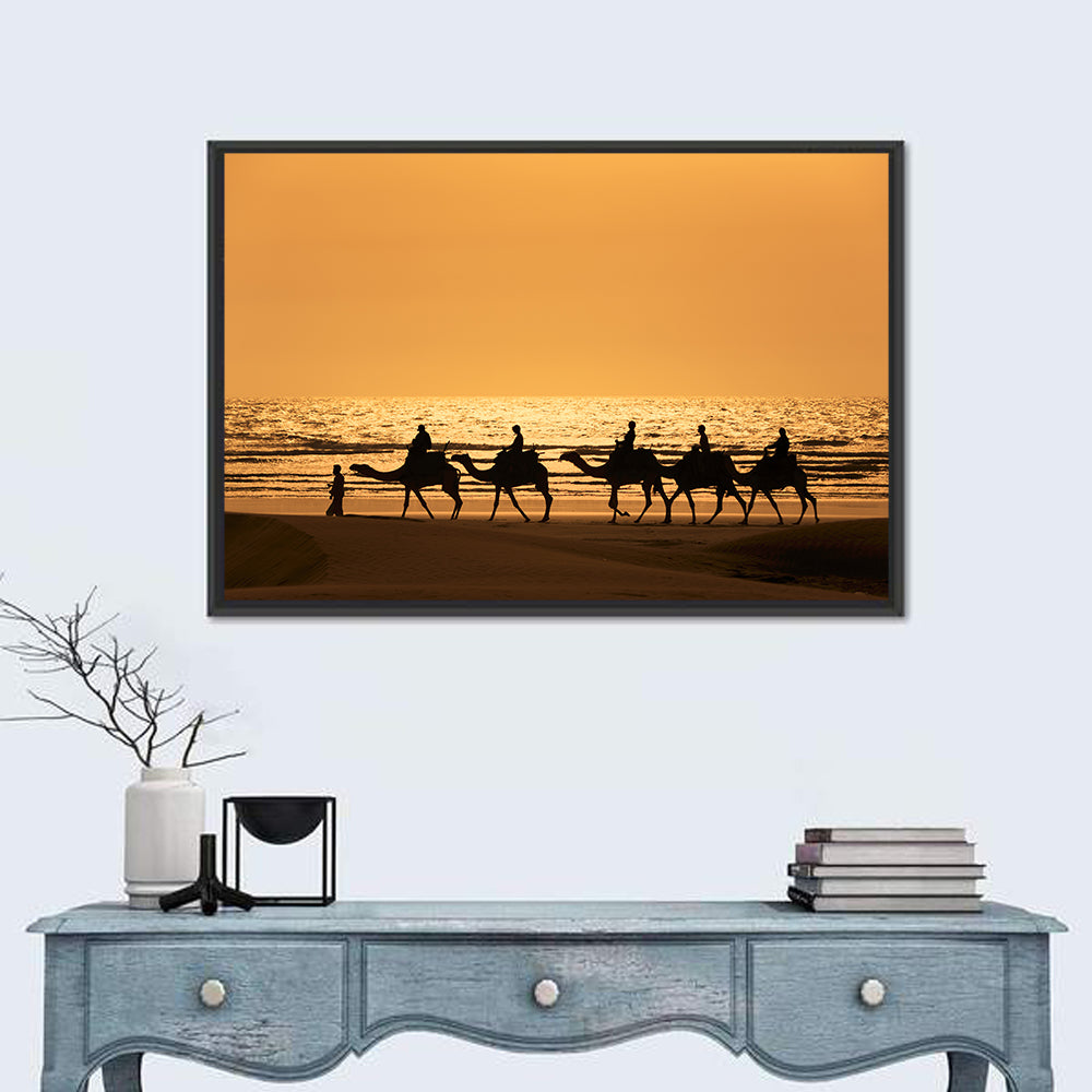 Camel Caravan Silhouette on Wet Sand Wall Art in a room, landscape