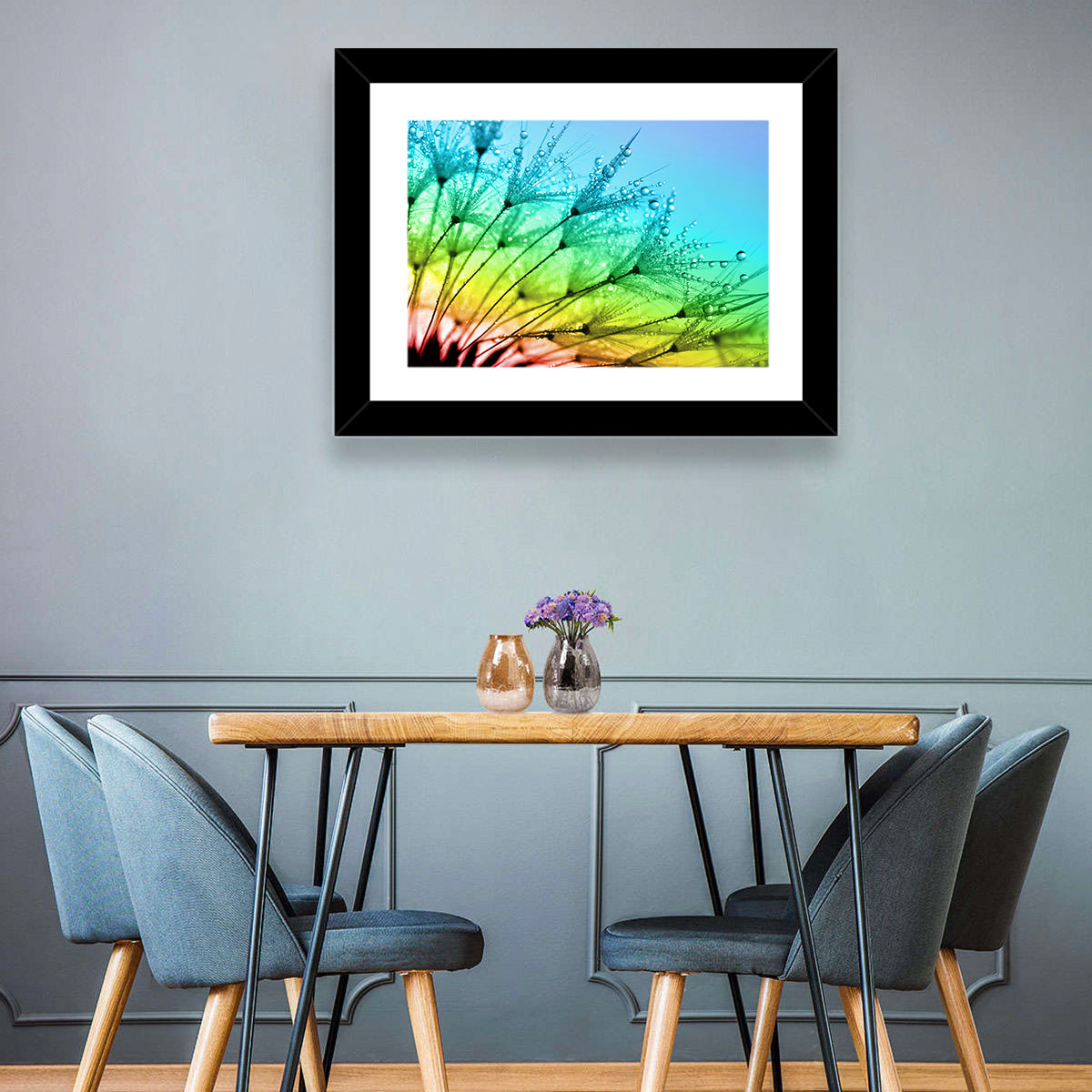 Dewy Dandelion Close-up Wall Art in a room, landscape