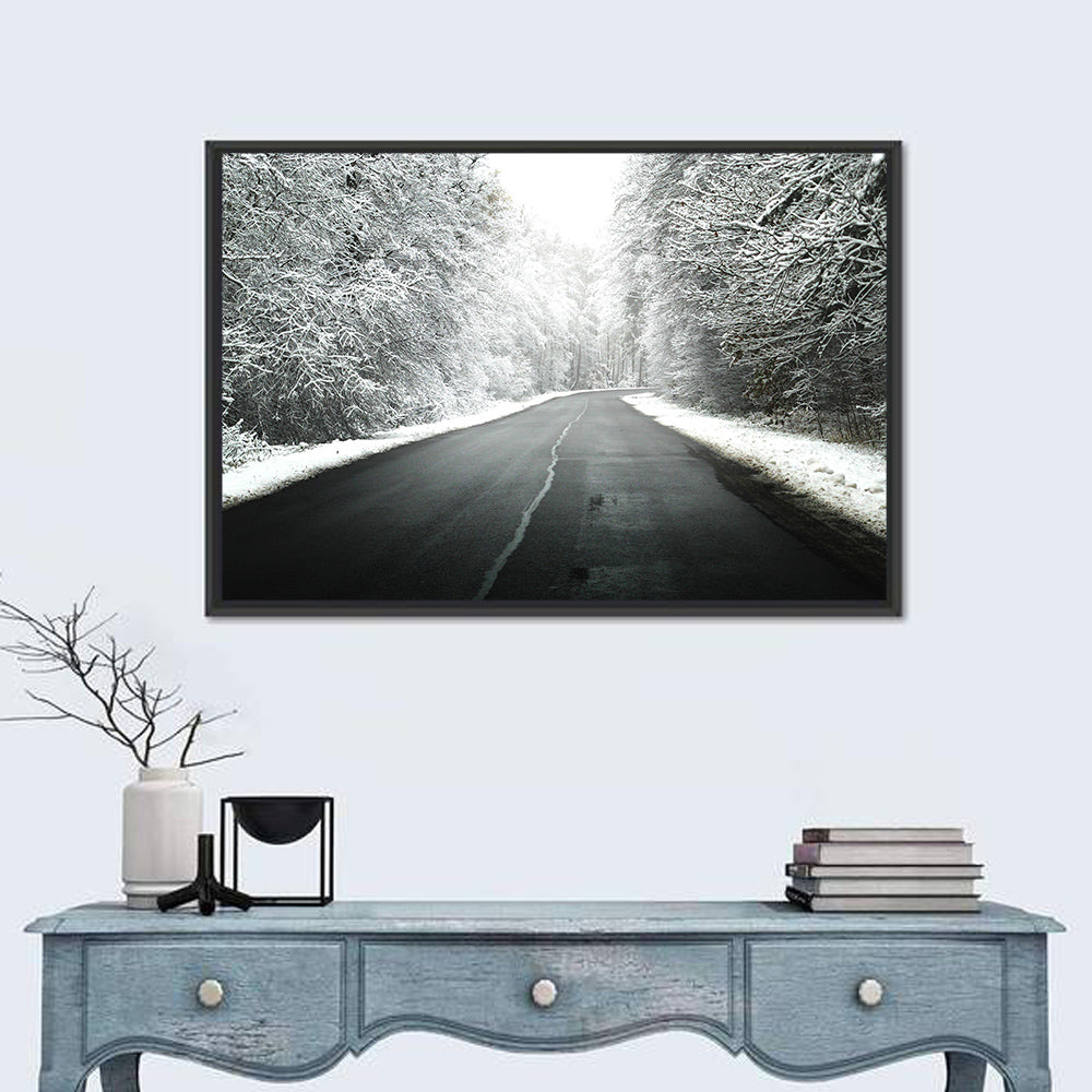 Glowing Winter Road Wall Art in a room, landscape