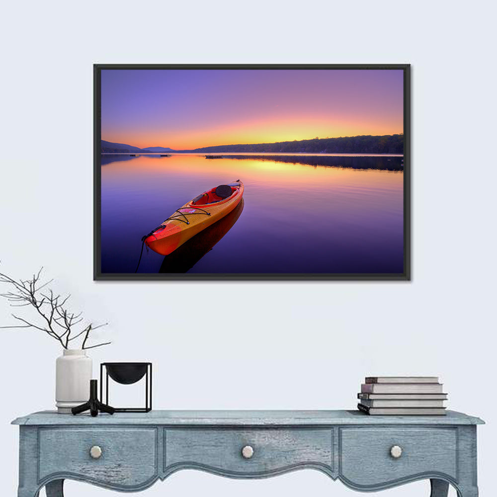 Bright Orange Kayak at Sunset Wall Art in a room, landscape