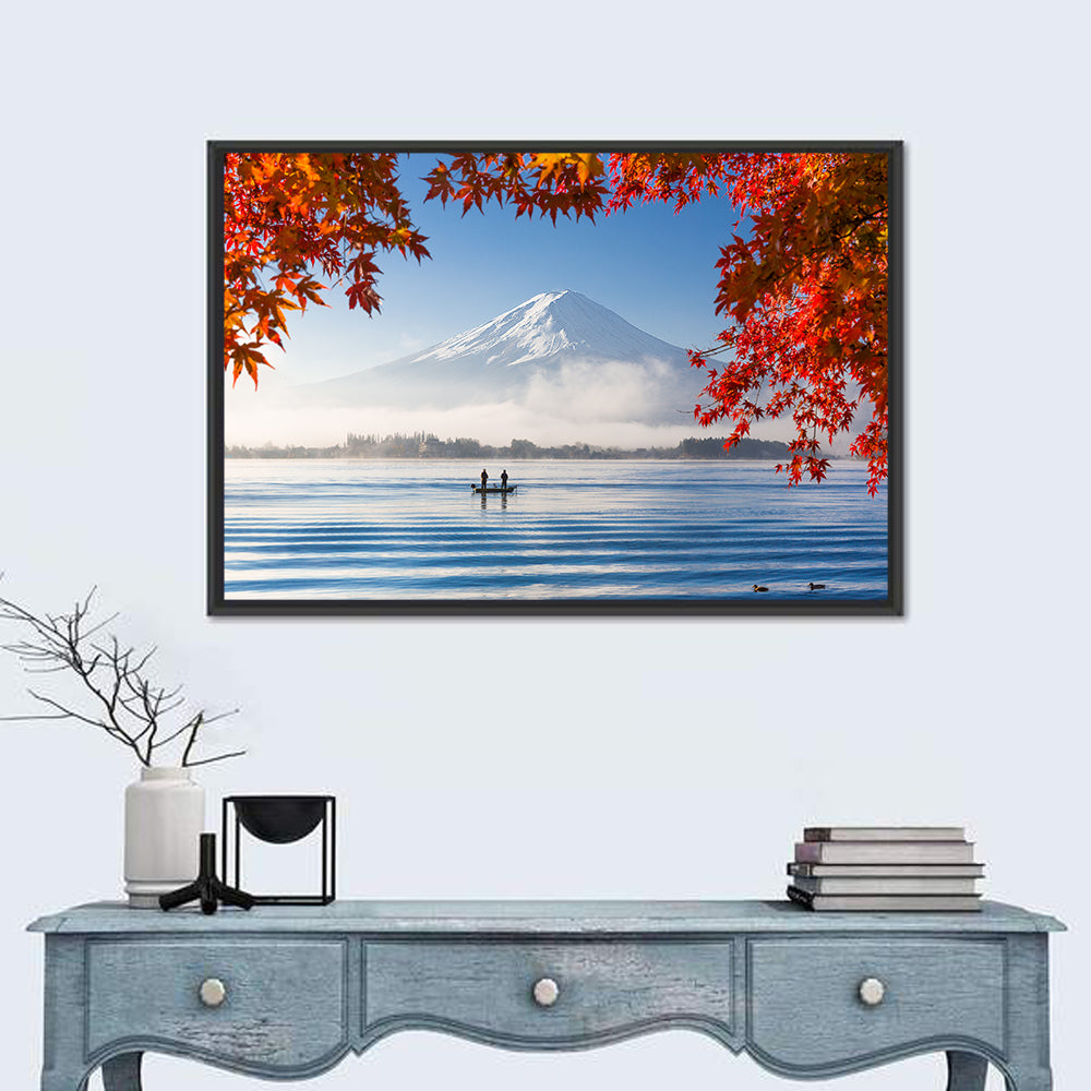 Mount Fuji Over Lake Kawaguchiko Wall Art in a room, landscape