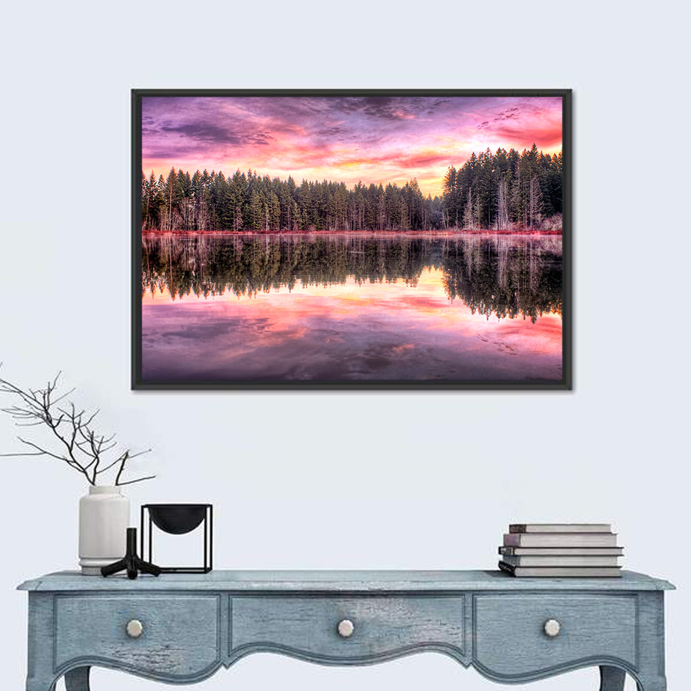 Sunrise Reflection at Forest Lake Wall Art in a room, landscape