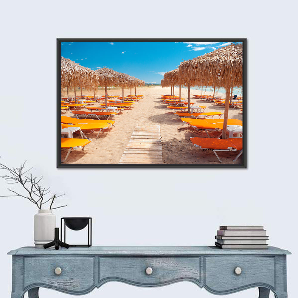 Beach Boardwalk with Orange Loungers Wall Art in a room, landscape