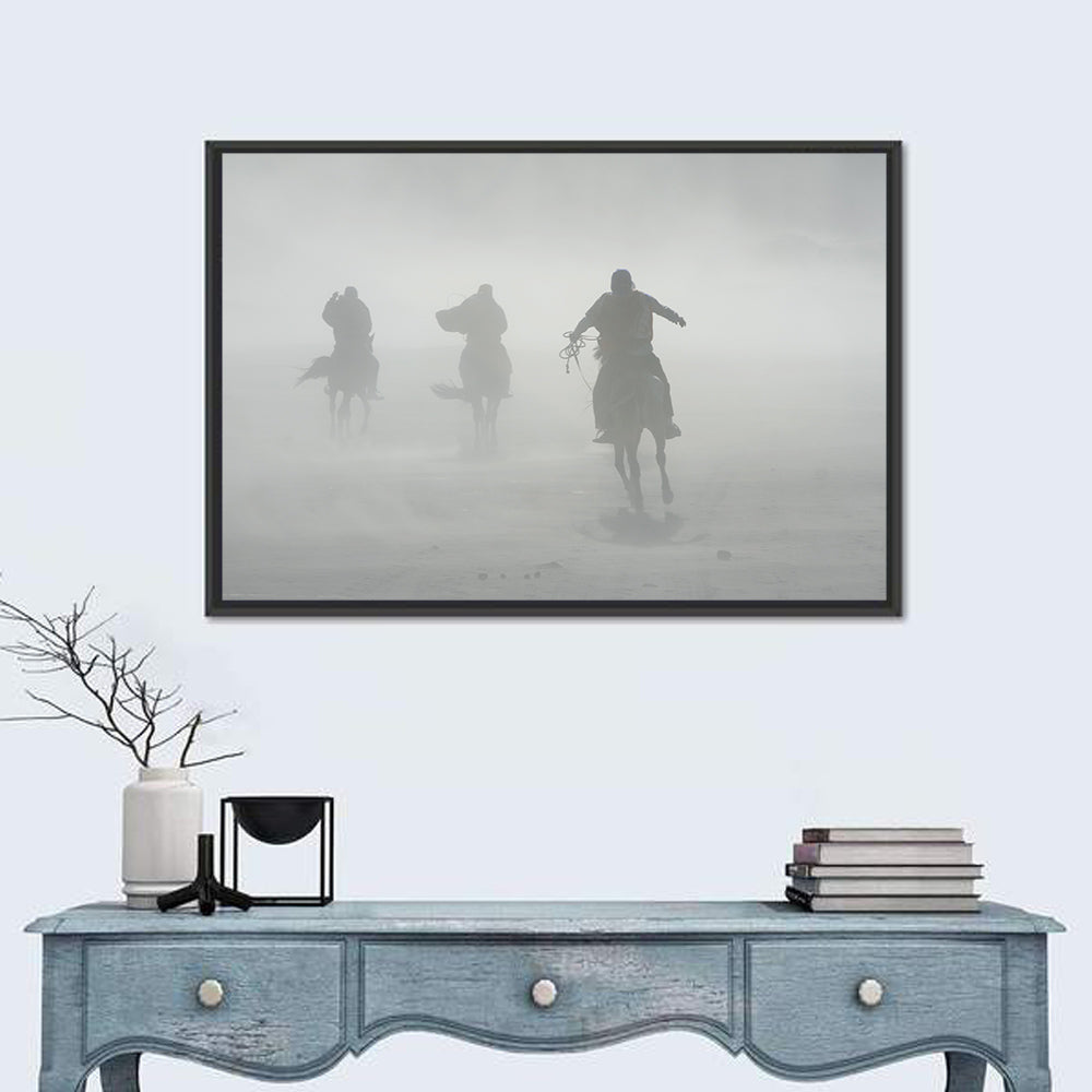 Silhouetted Horse Riders in Mist Wall Art in a room, landscape
