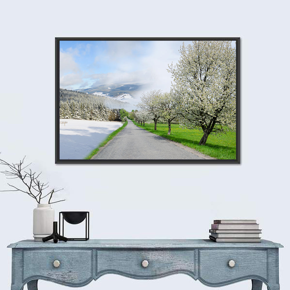 Season Change Road to Snowy Mountain Wall Art in a room, landscape