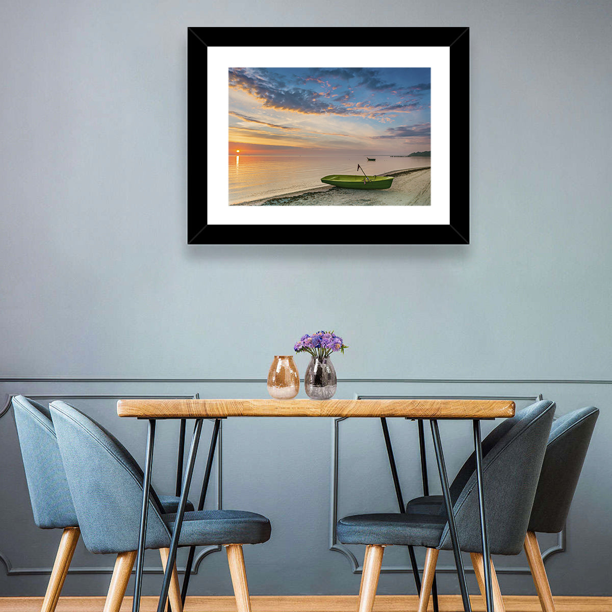 Green Rowboat at Sunrise Wall Art in a room, landscape