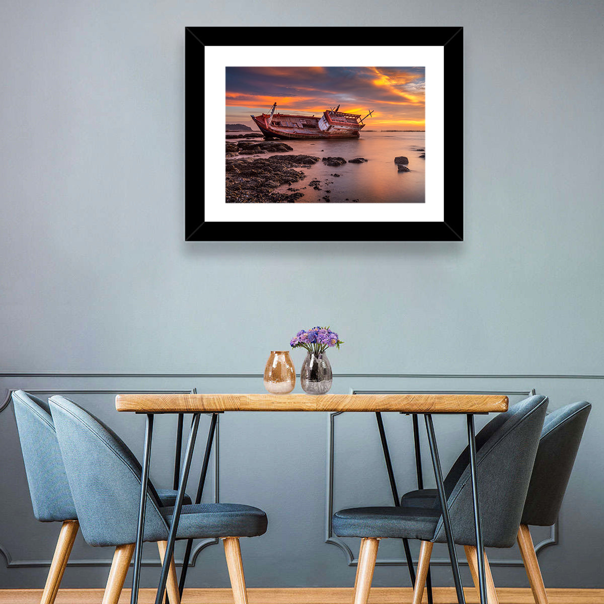 Shipwreck at Sunset Wall Art in a room, landscape