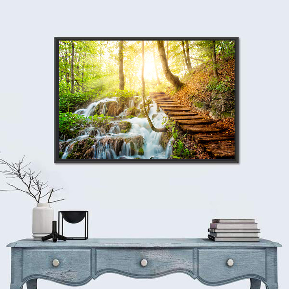 Plitvice Lakes Walkway Wall Art in a room, landscape