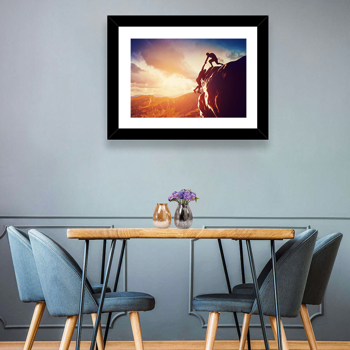 Two Hikers Summit Assist at Sunset Wall Art in a room, landscape