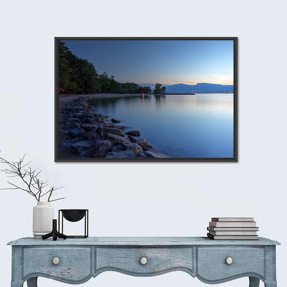 Lake Neuchatel Twilight Wall Art in a room, landscape