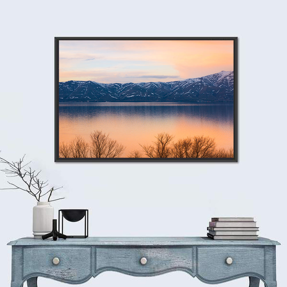 Lake Sevan Golden Dusk Wall Art in a room, landscape